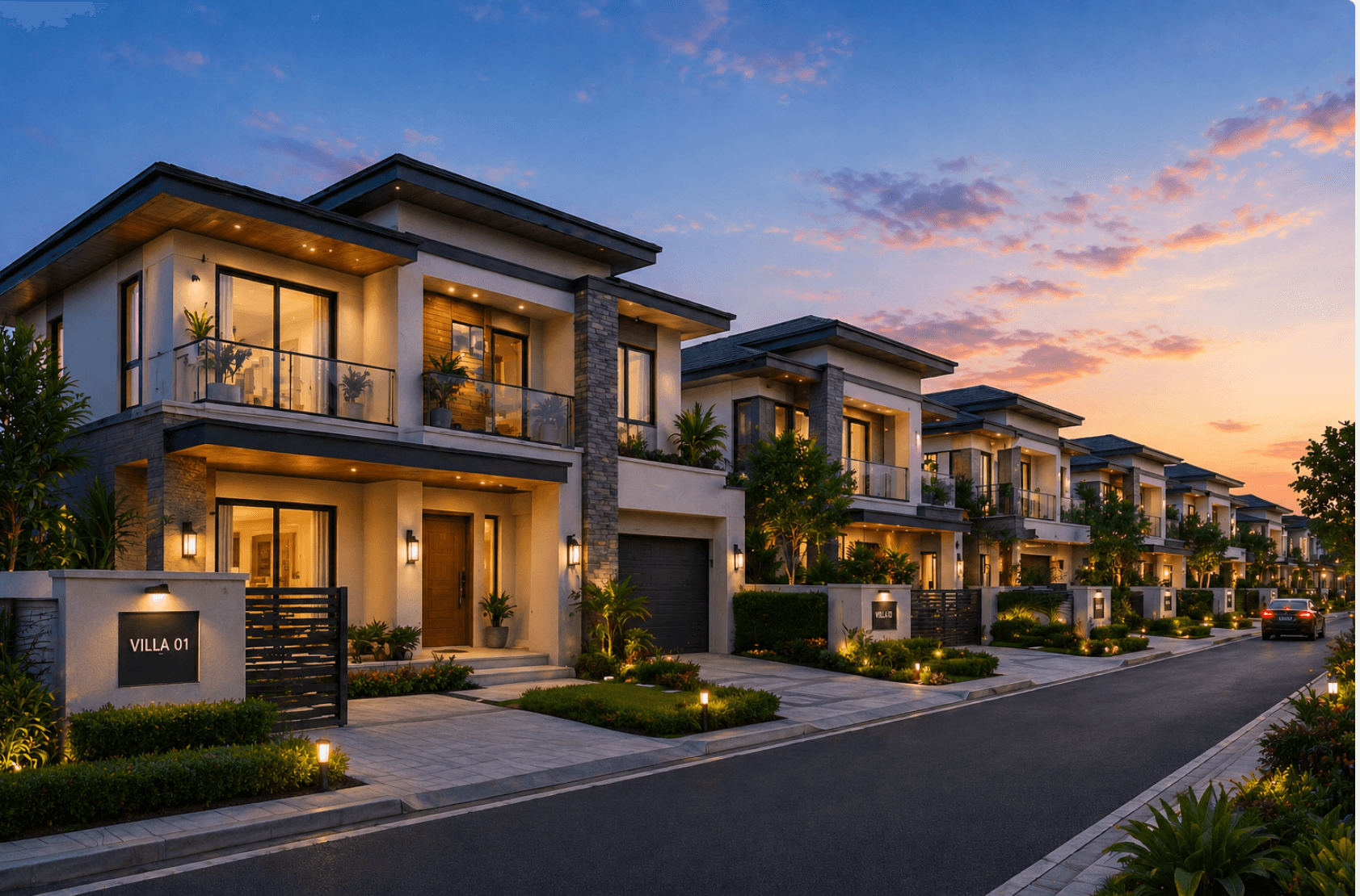 Luxury villa development at dusk — managed by SlickHood